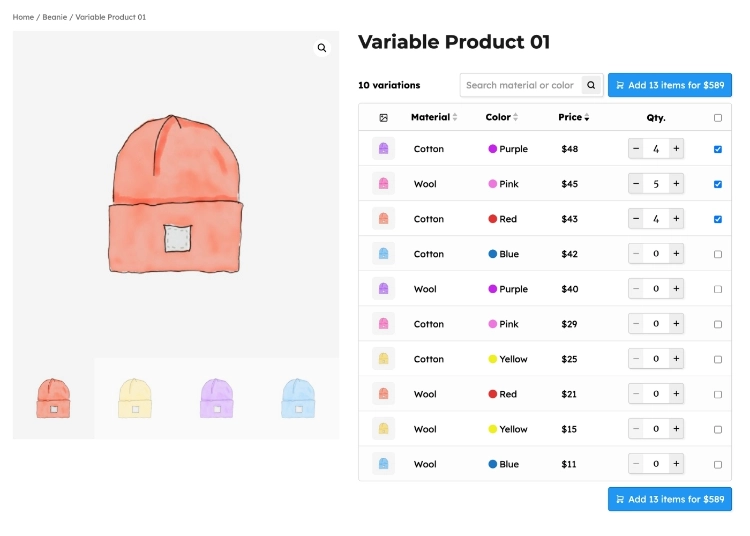 WooCommerce variation table replacing the default variation form on a beanie product page