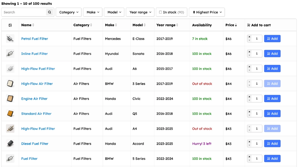 WooCommerce product table layout demo with products displayed in a standard table