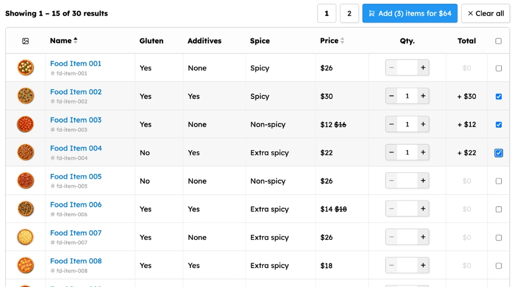 WooCommerce quick order form demo with checkbox selection for bulk ordering
