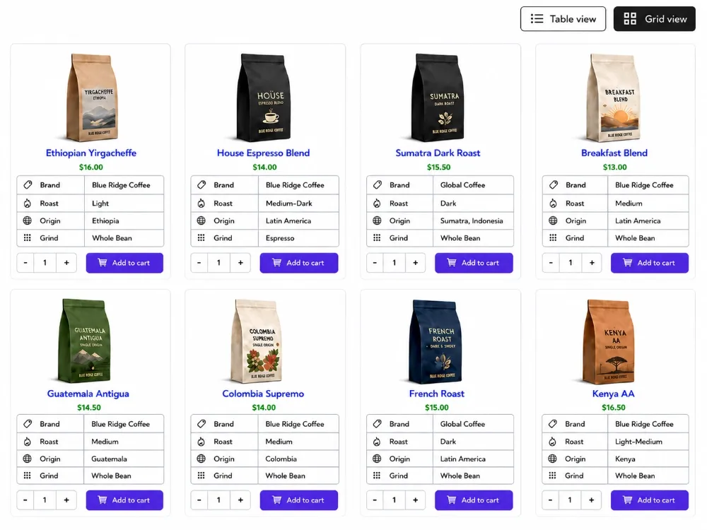 Grid layout with table view switcher - WooCommerce Product Table PRO