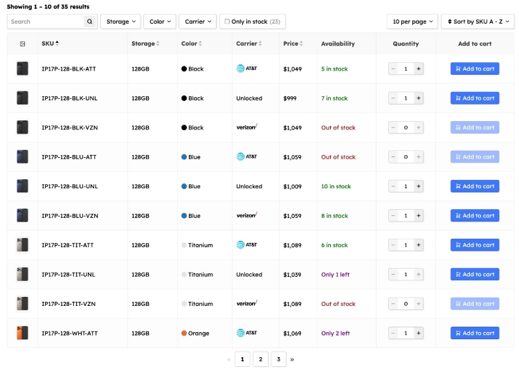WooCommerce variation table inside the product description with search filters and sort controls