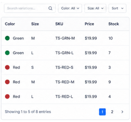 Variation table search sort and filter controls