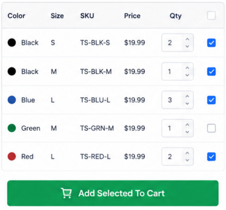 Bulk variation ordering table with quantity controls and checkboxes