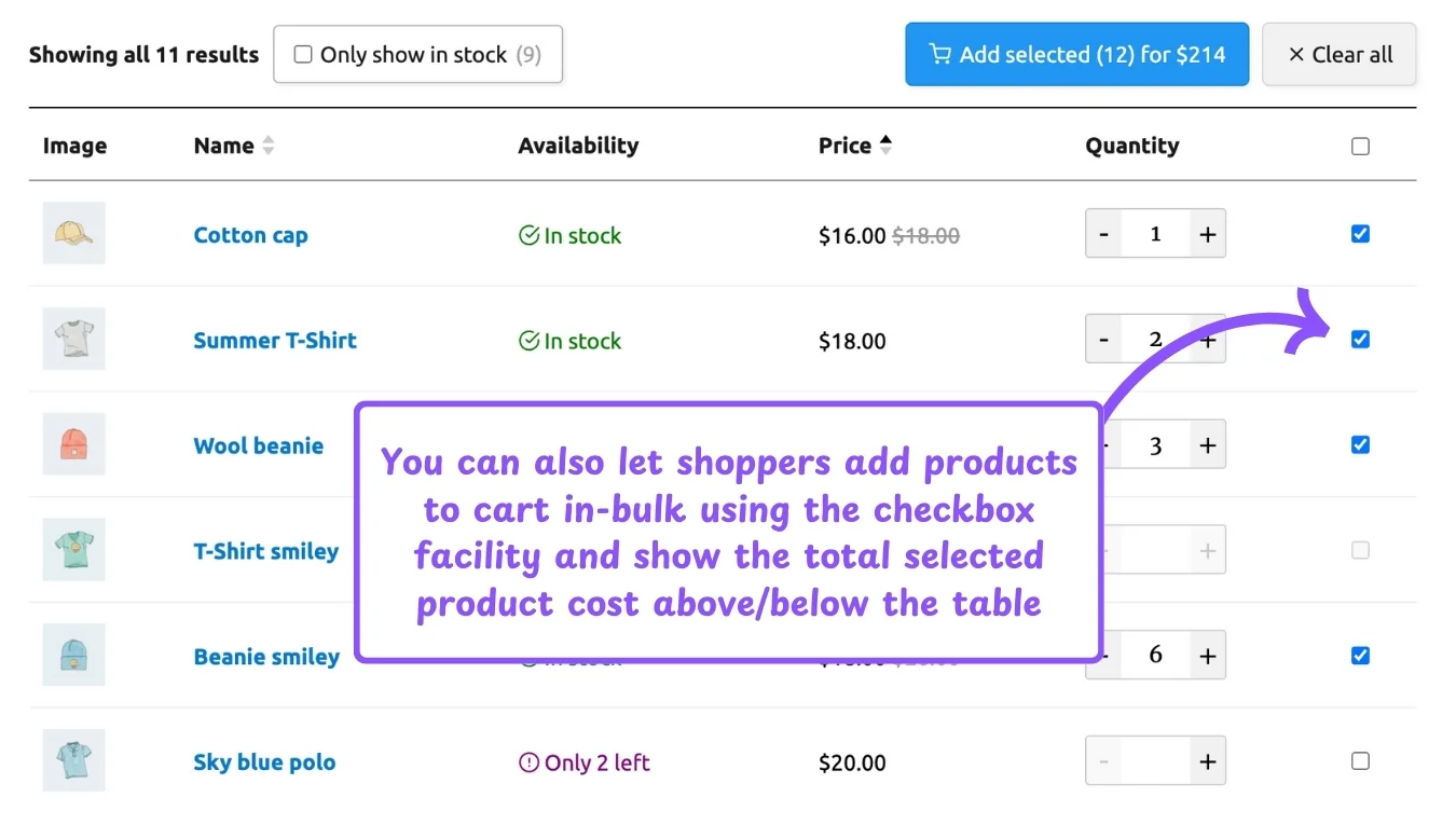 WooCommerce product table feature: add to cart from checkbox