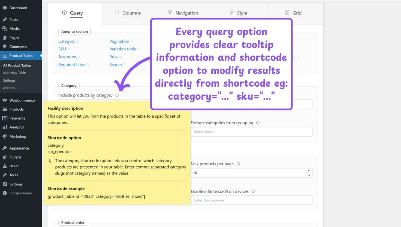 WooCommerce product table feature: category query option tooltip