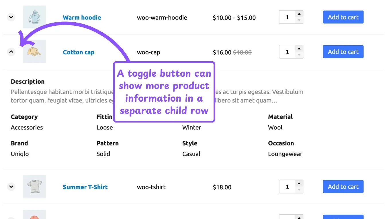 WooCommerce product table feature: child row shows more product information