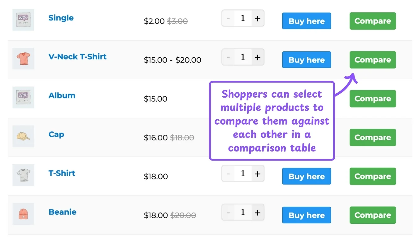 WooCommerce product table feature: compare product table integration