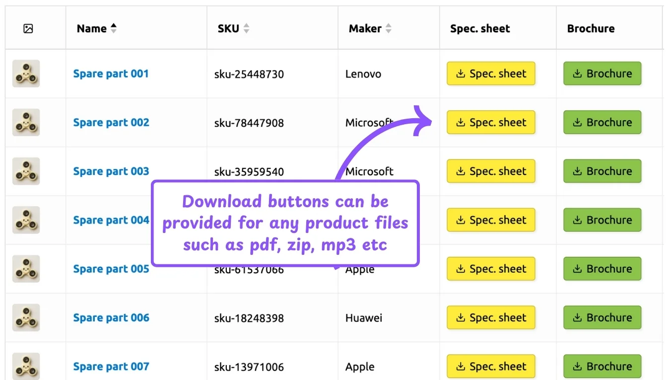 WooCommerce product table feature: download buttons for product files