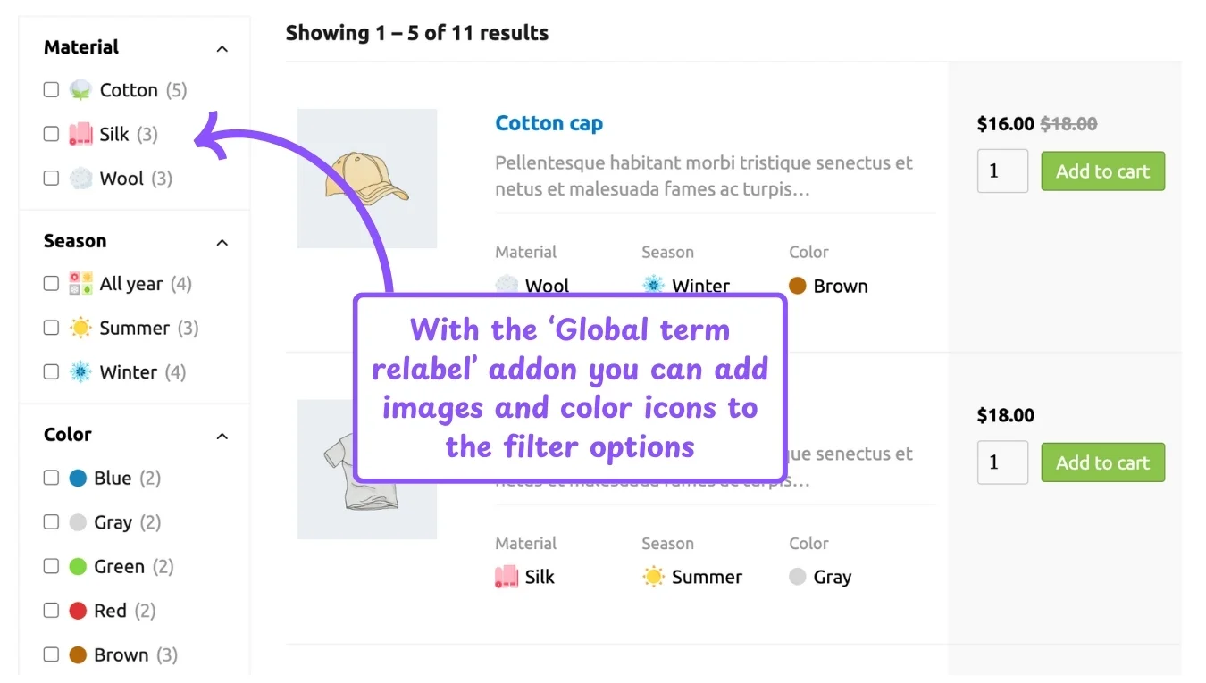 WooCommerce product table feature: filter option relabel with addon