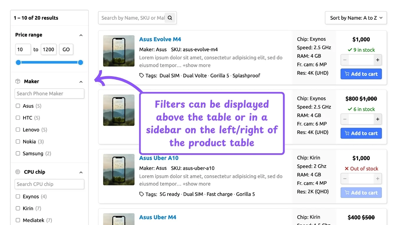 WooCommerce product table feature: filters in sidebar or above table