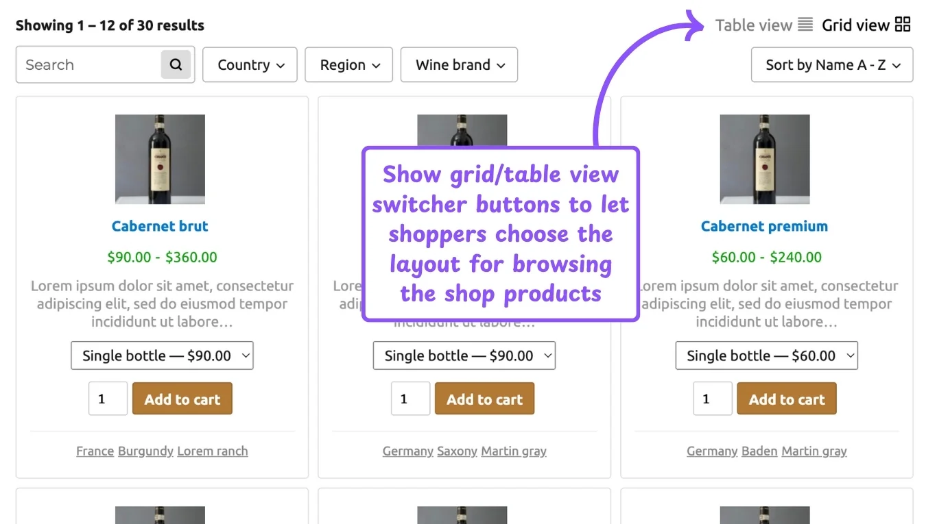WooCommerce product table feature: grid table view switcher addon