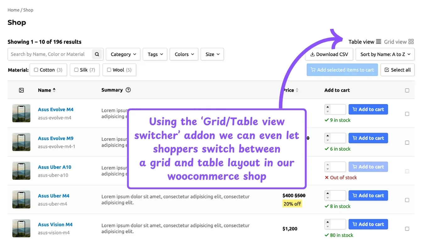 WooCommerce product table feature: grid table view switcher on shop page