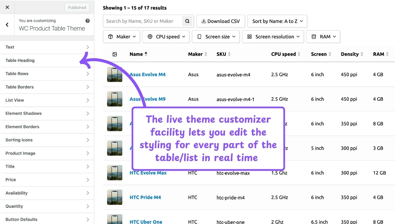 WooCommerce product table feature: live theme customizer facility