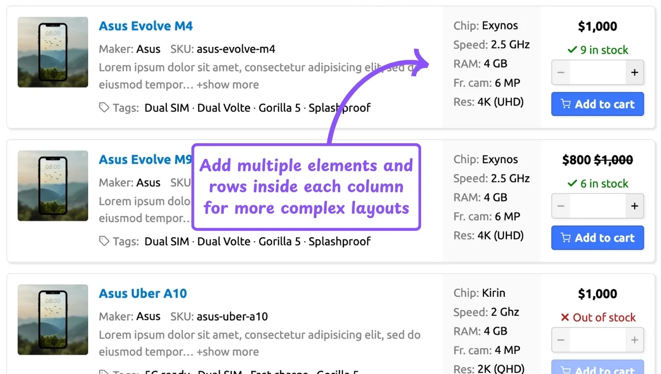 WooCommerce product table feature: multiple element rows per column