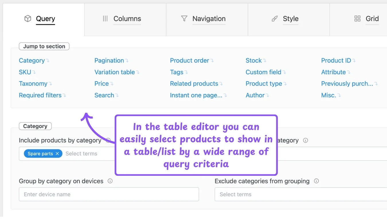 WooCommerce product table feature: product query editor criteria
