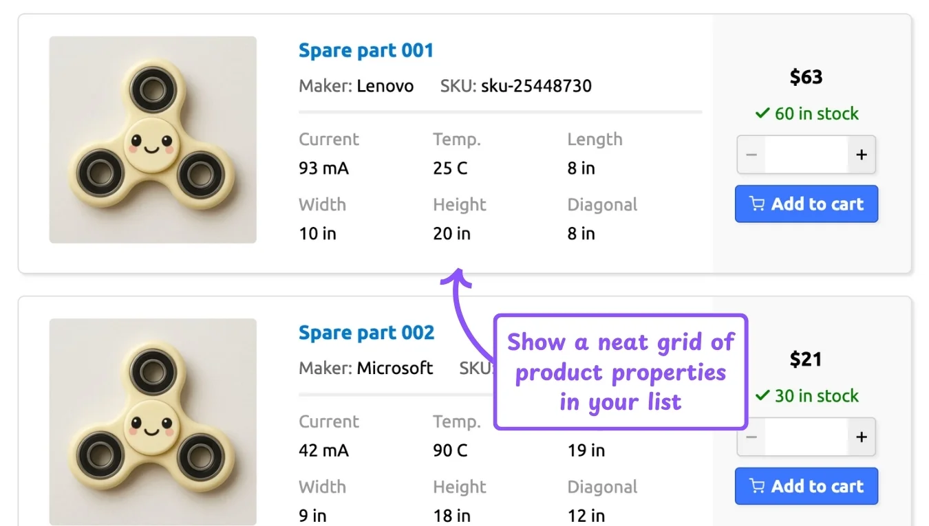 WooCommerce product table feature: property grid inside table rows