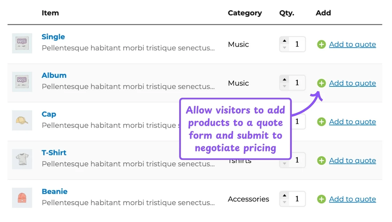 WooCommerce product table feature: request quote product table integration