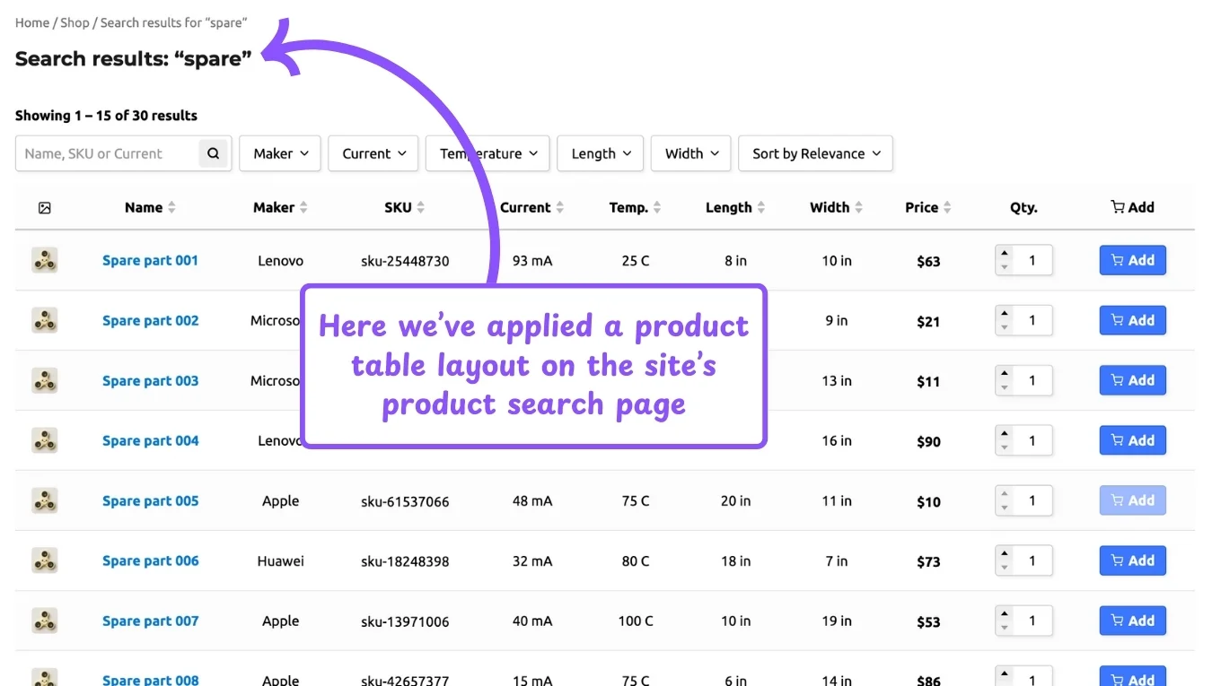 WooCommerce product table feature: search page table override