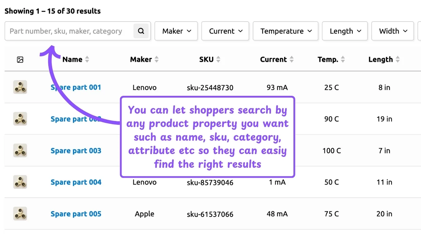 WooCommerce product table feature: search products by any property