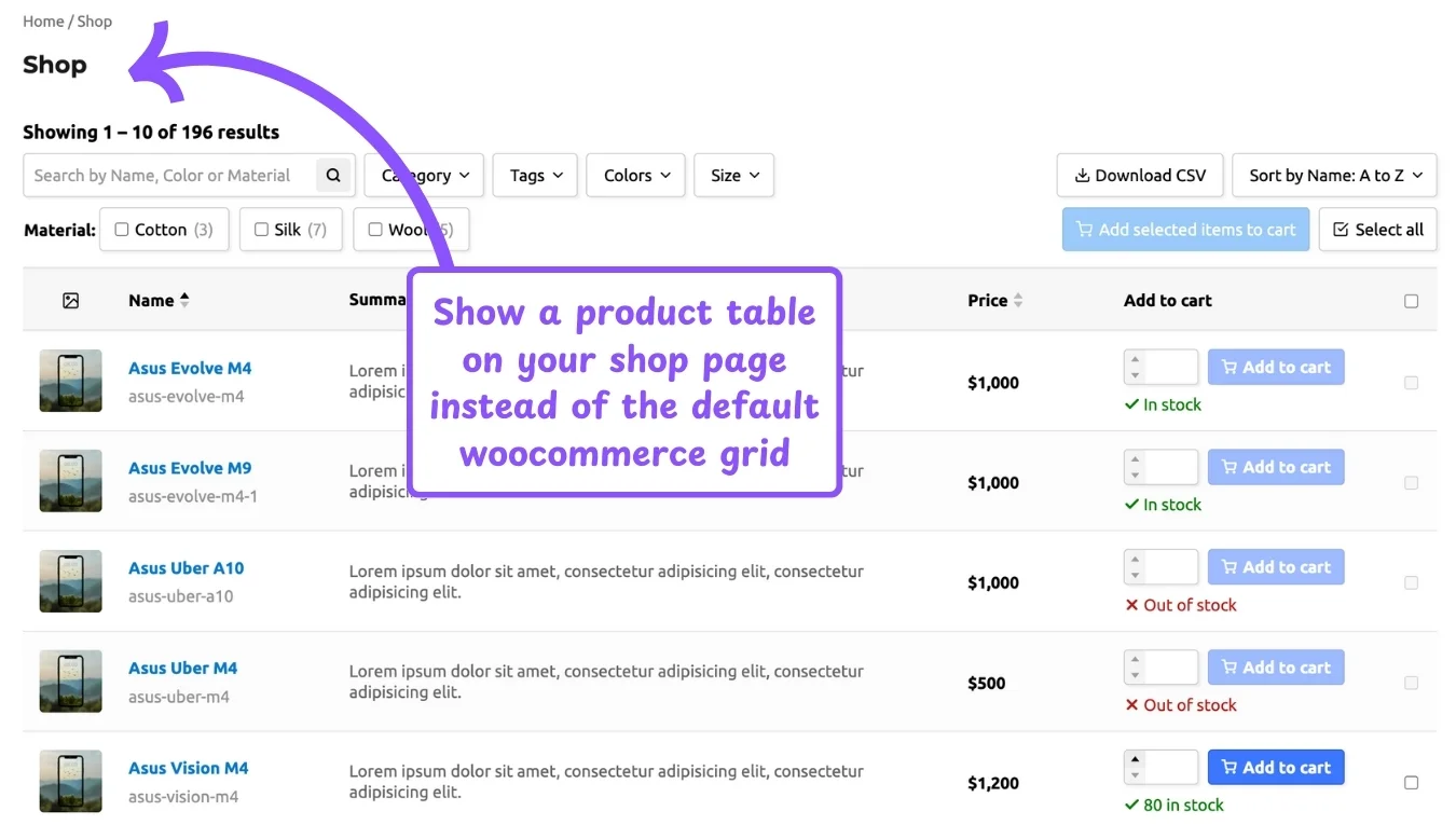 WooCommerce product table feature: shop page table override