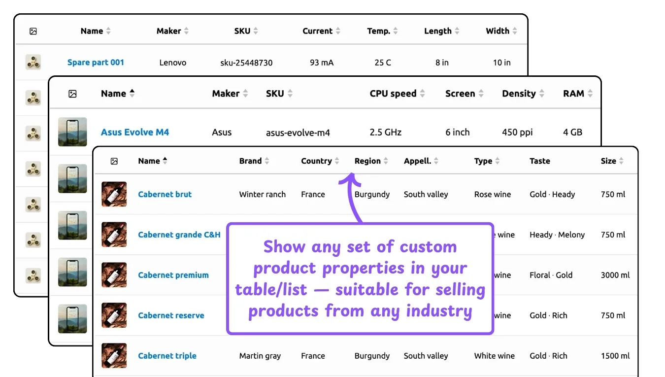 WooCommerce product table feature: show any custom product properties