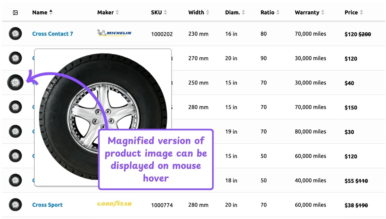 WooCommerce product table feature: show magnified image on hover
