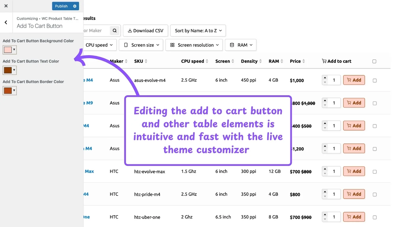 WooCommerce product table feature: theme customizer edit button