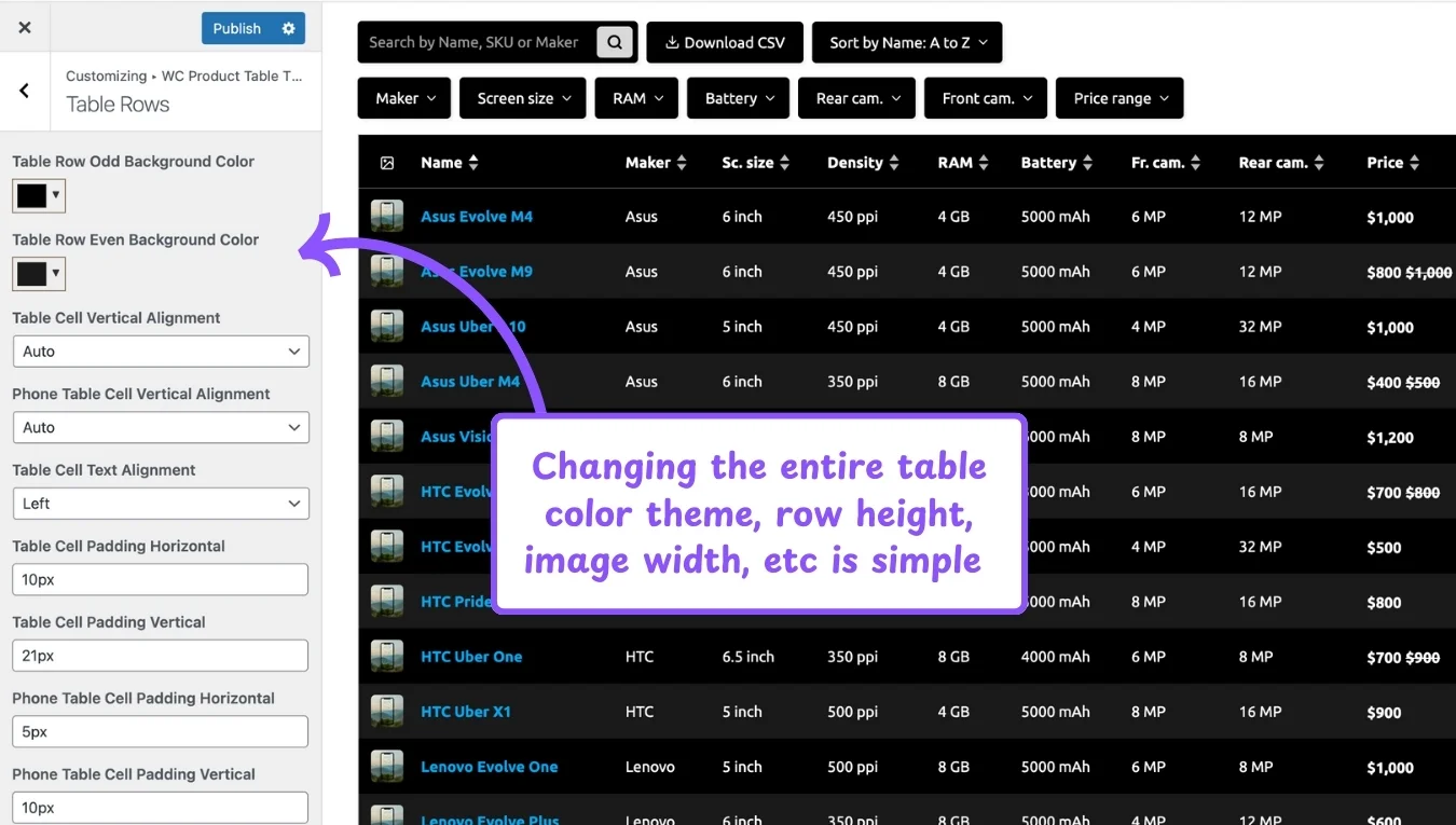 WooCommerce product table feature: theme customizer in action