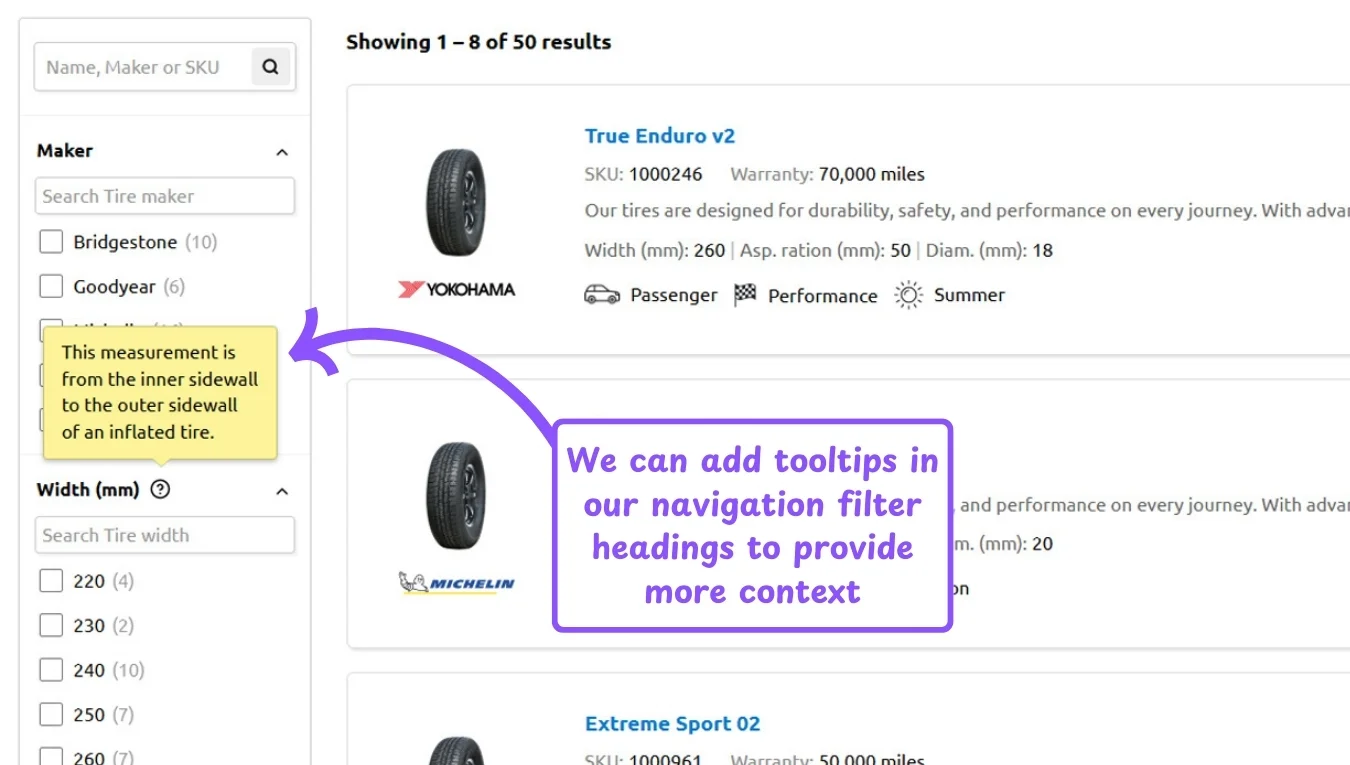 WooCommerce product table feature: tooltip in filter heading