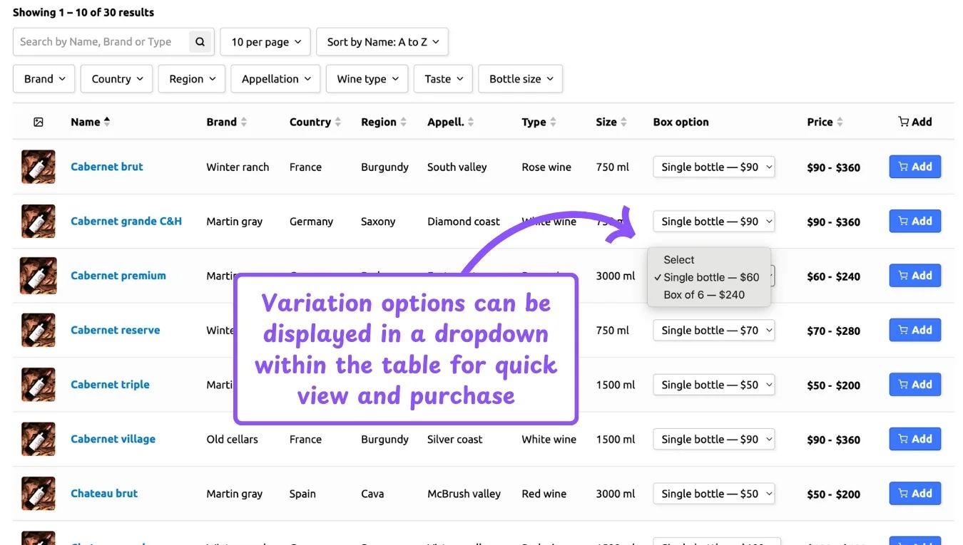 WooCommerce product table feature: variation option dropdown