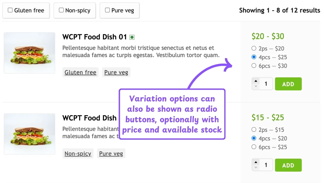 WooCommerce product table feature: variation options as radio buttons
