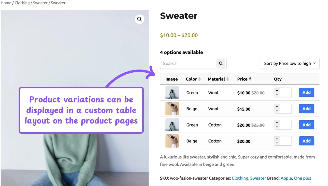 WooCommerce product table feature: variation table on product page