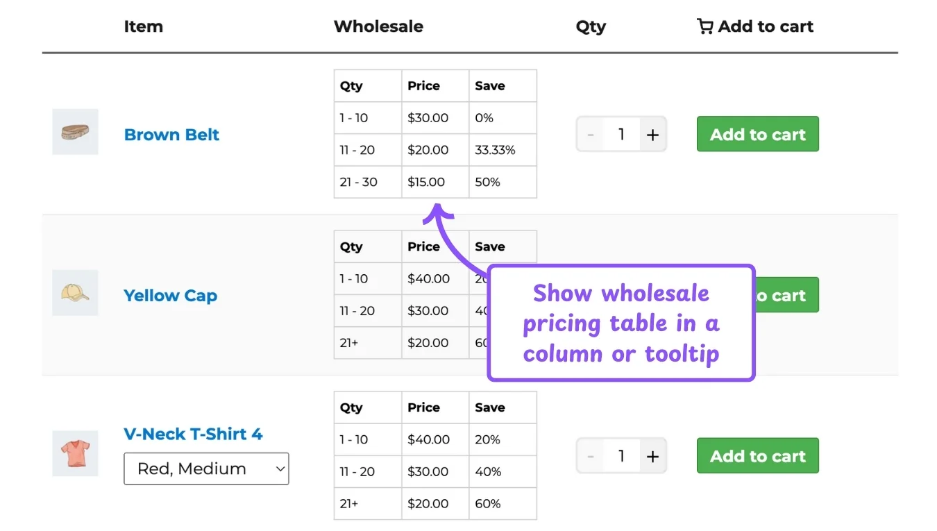 WooCommerce product table feature: wholesale product table integration